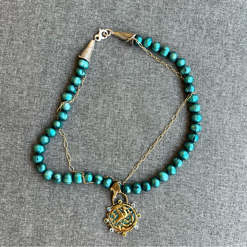 Mars and Valentine Sterling Silver Blue Topaz Necklace with Bird & Flower Design